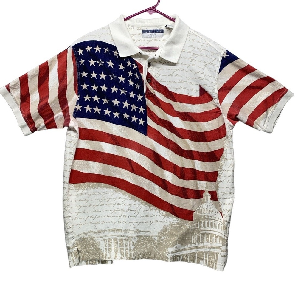 Royale Air Polo Shirt Mens Size Extra Large Casual American Flag Print‎ Cotton
